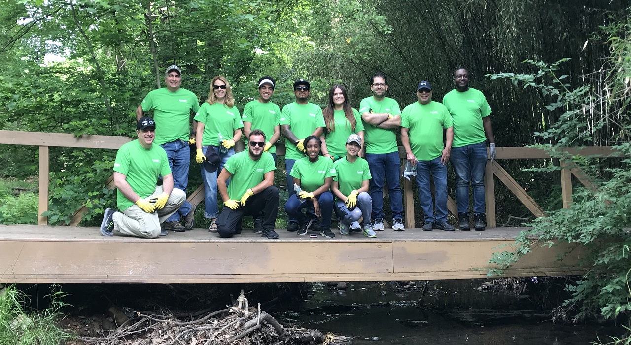 Colleagues cleaning up in a local forest preserve