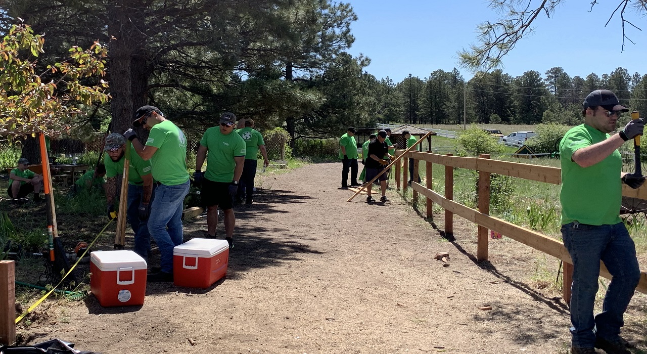 Colleagues fixing fences