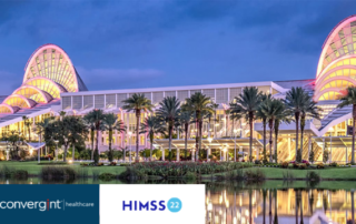 Convention center lit up at nighttime