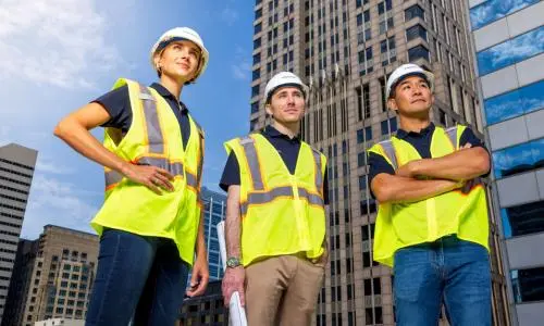 Three people standing in safety vests with hard hats looking off into the distance