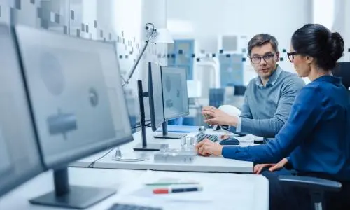 A man and woman sitting at a desk discussing something on a computer screen