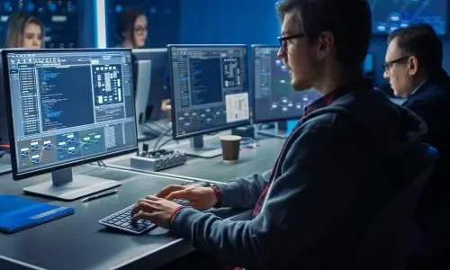Two men sitting at a computer desk typing and looking at computer screens