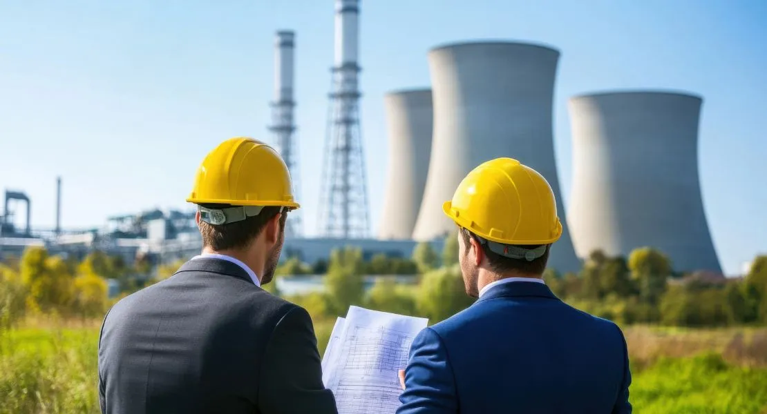 two men in yellow hard hats looking at a power plant